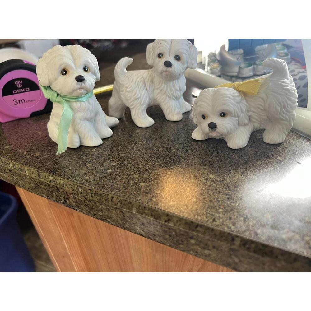 Set of 3 Vintage White Ceramic Dog Figurines with Colored Bows